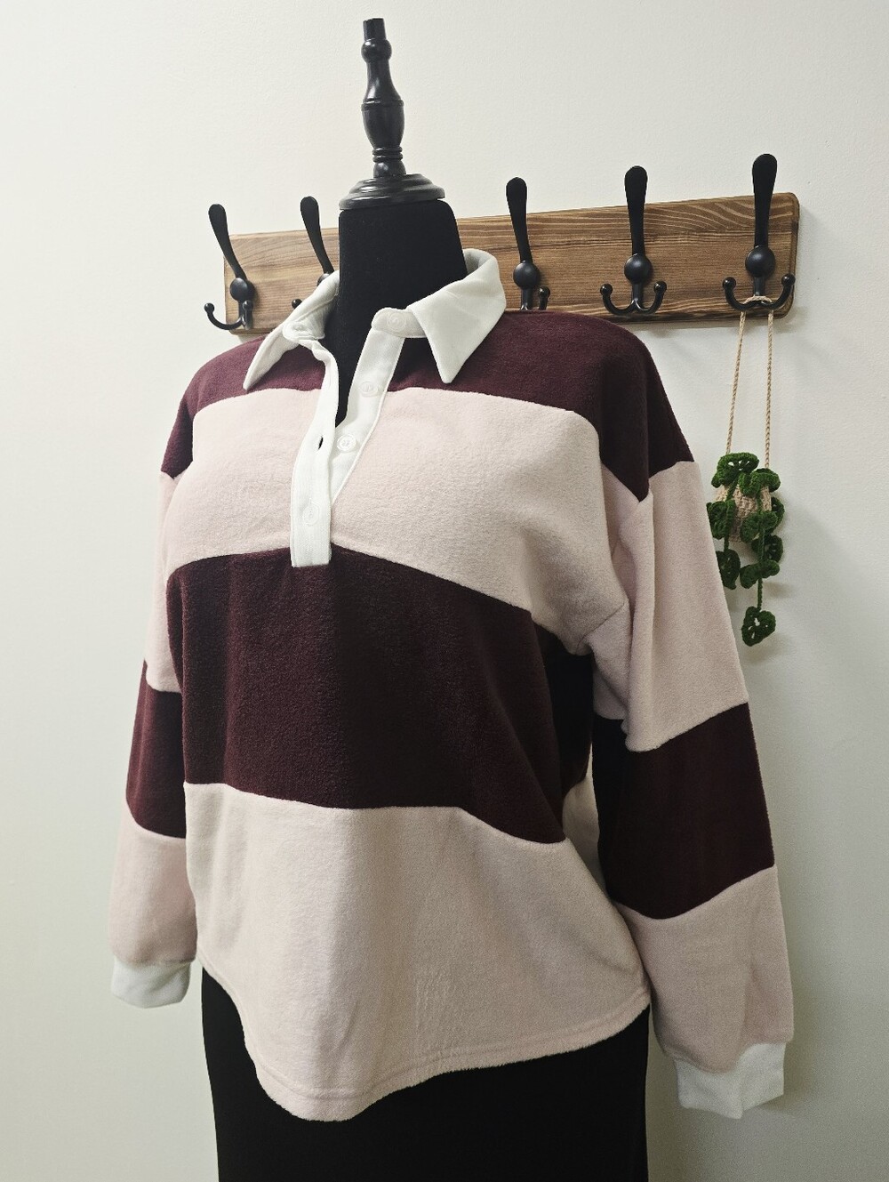 Long Sleeve Rugby Pink Burgandy Striped Fleece Polo Shirt